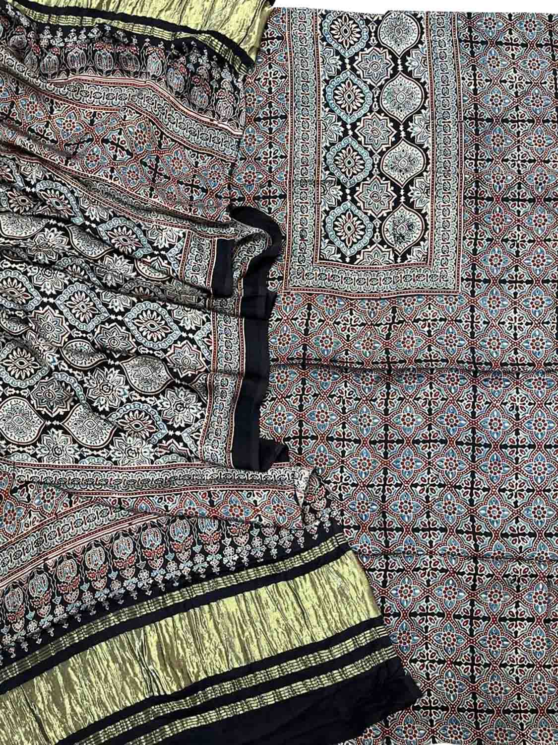 Stylish Black Ajarakh Hand Block Print Gajji Silk Suit Set for Women - Luxurion World