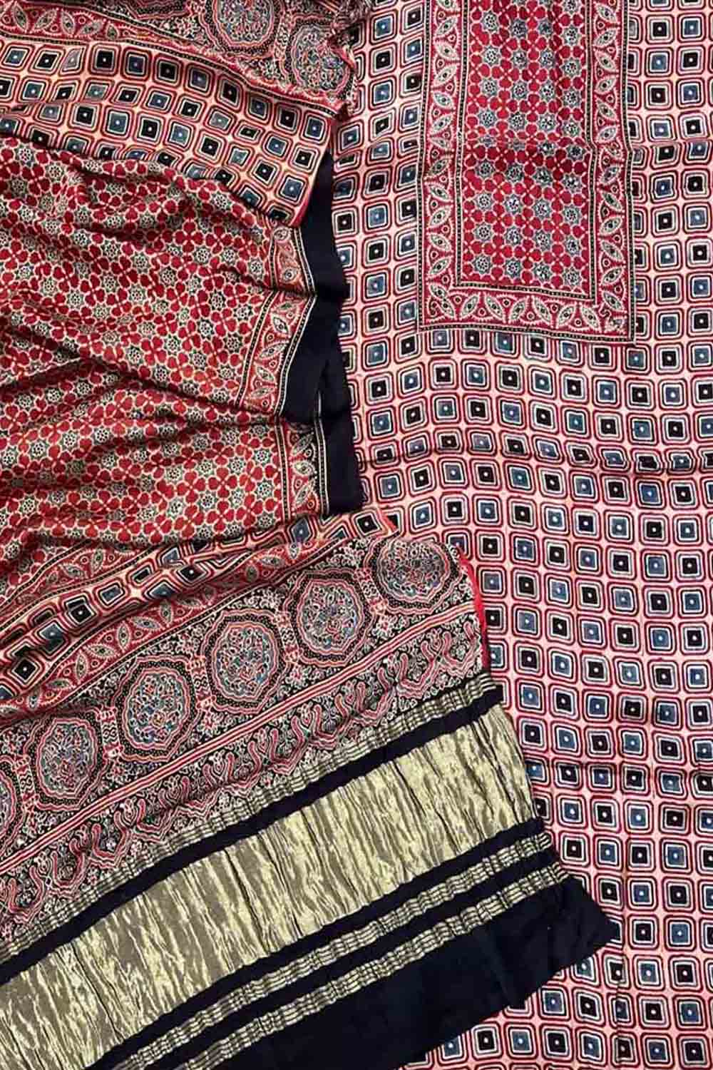 Stunning Red Ajarakh Hand Block Print Gajji Silk Suit Set - Perfect for Any Occasion! - Luxurion World
