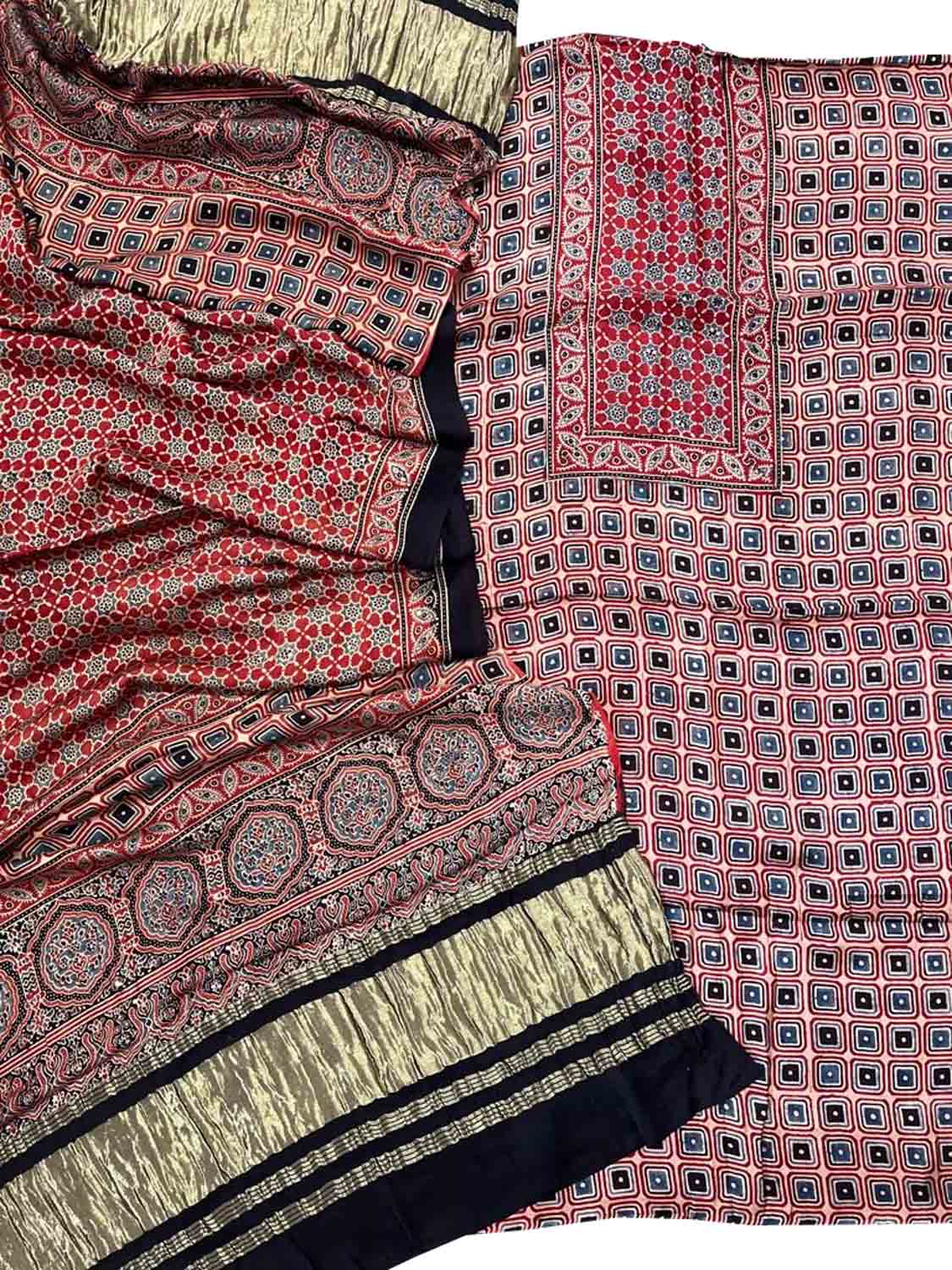 Stunning Red Ajarakh Hand Block Print Gajji Silk Suit Set - Perfect for Any Occasion! - Luxurion World