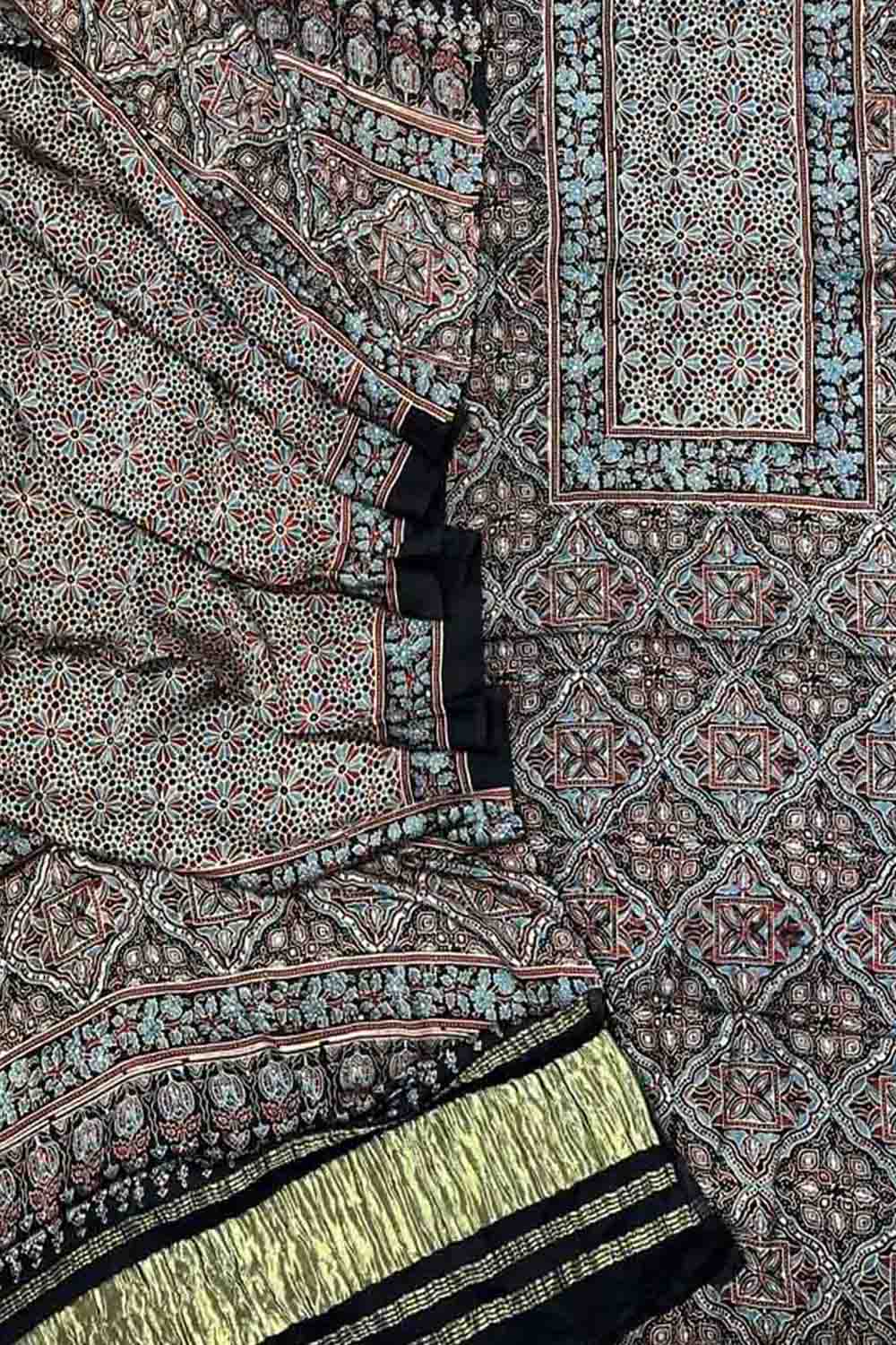 Stylish Black Ajarakh Hand Block Print Gajji Silk Suit Set for Women - Luxurion World