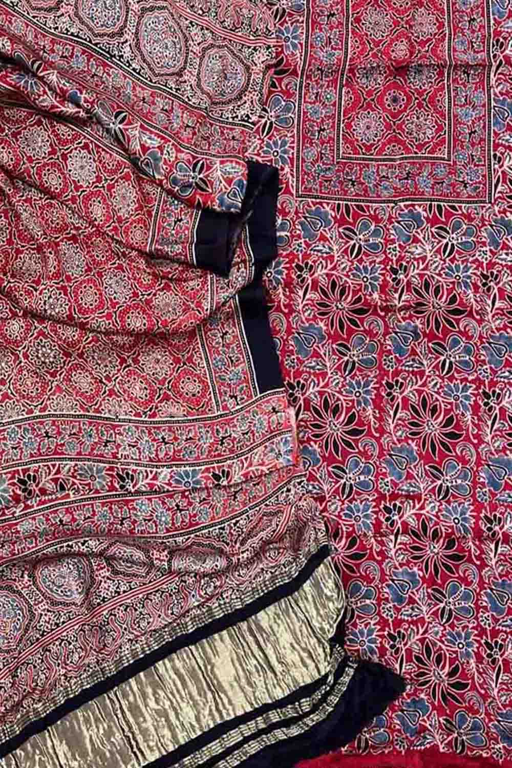 Stylish Red Ajarakh Hand Block Print Gajji Silk Suit Set for Women