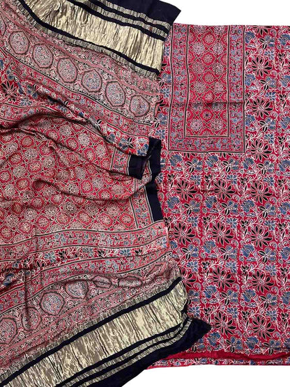 Stylish Red Ajarakh Hand Block Print Gajji Silk Suit Set for Women