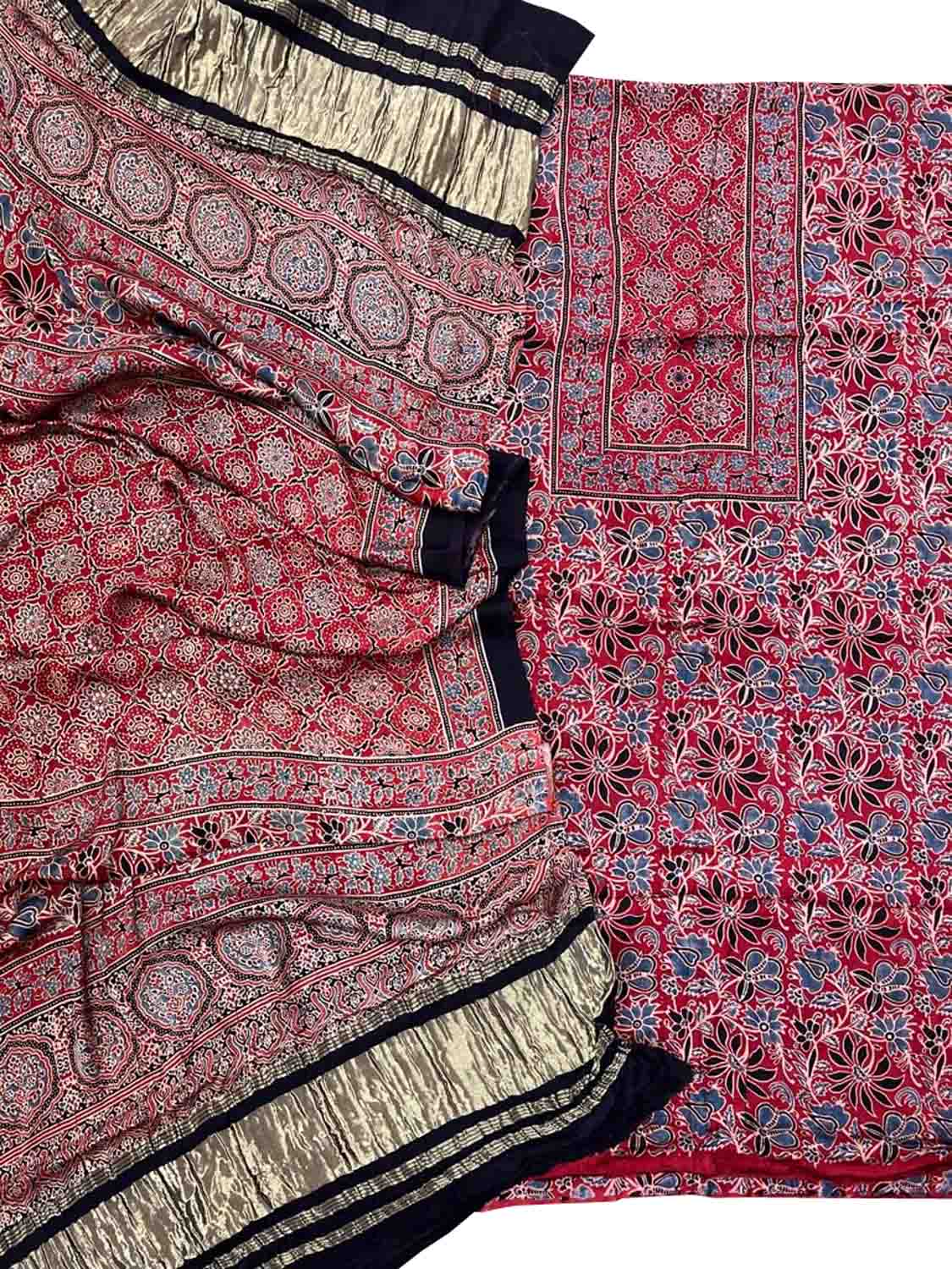 Stylish Red Ajarakh Hand Block Print Gajji Silk Suit Set for Women - Luxurion World