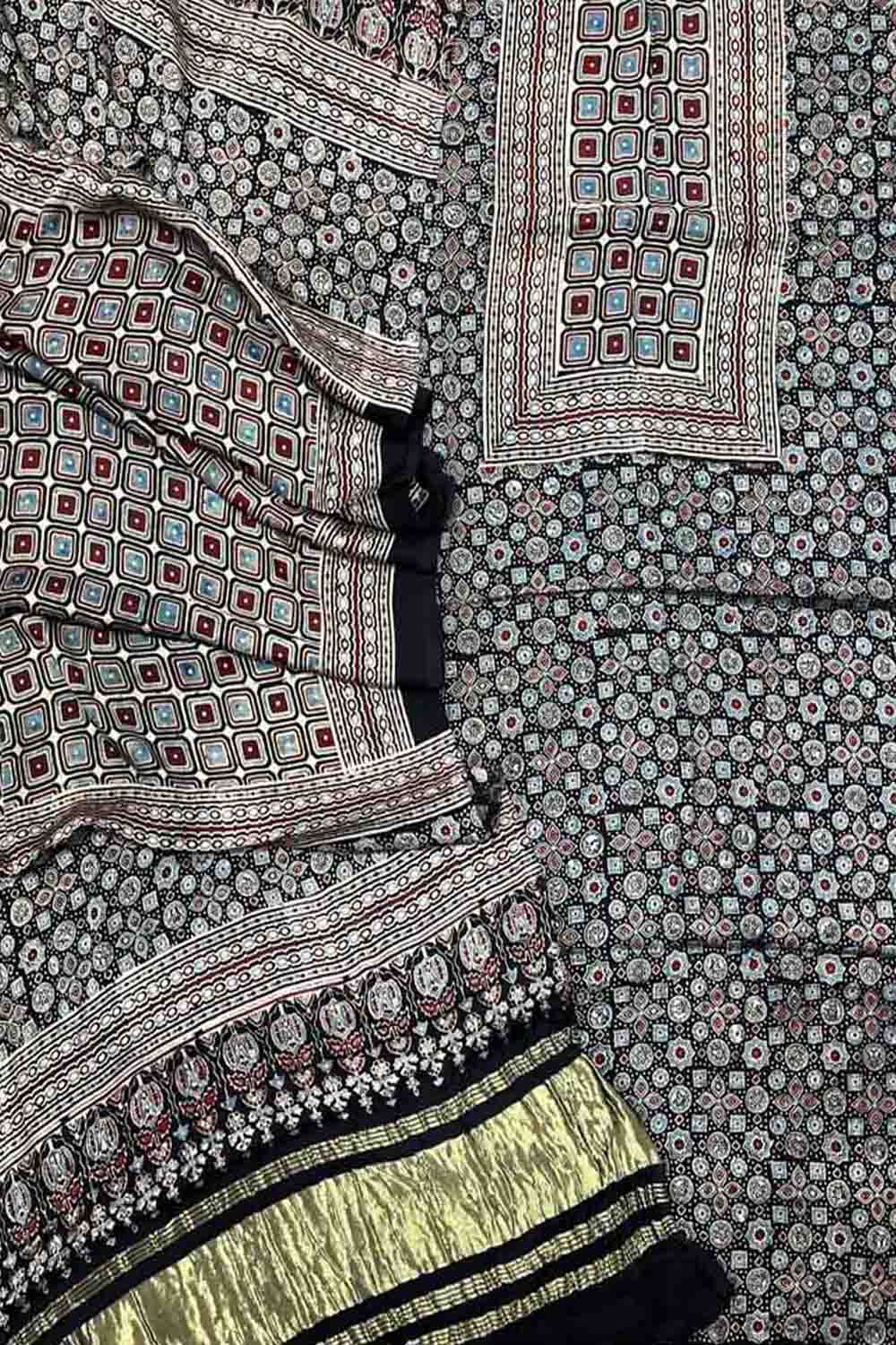 Stylish Black Ajarakh Hand Block Print Gajji Silk Suit Set for Women - Luxurion World