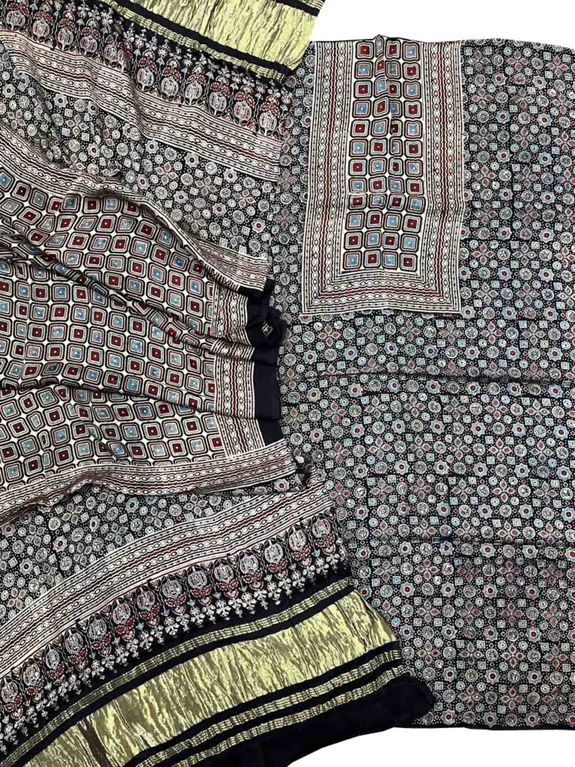 Stylish Black Ajarakh Hand Block Print Gajji Silk Suit Set for Women