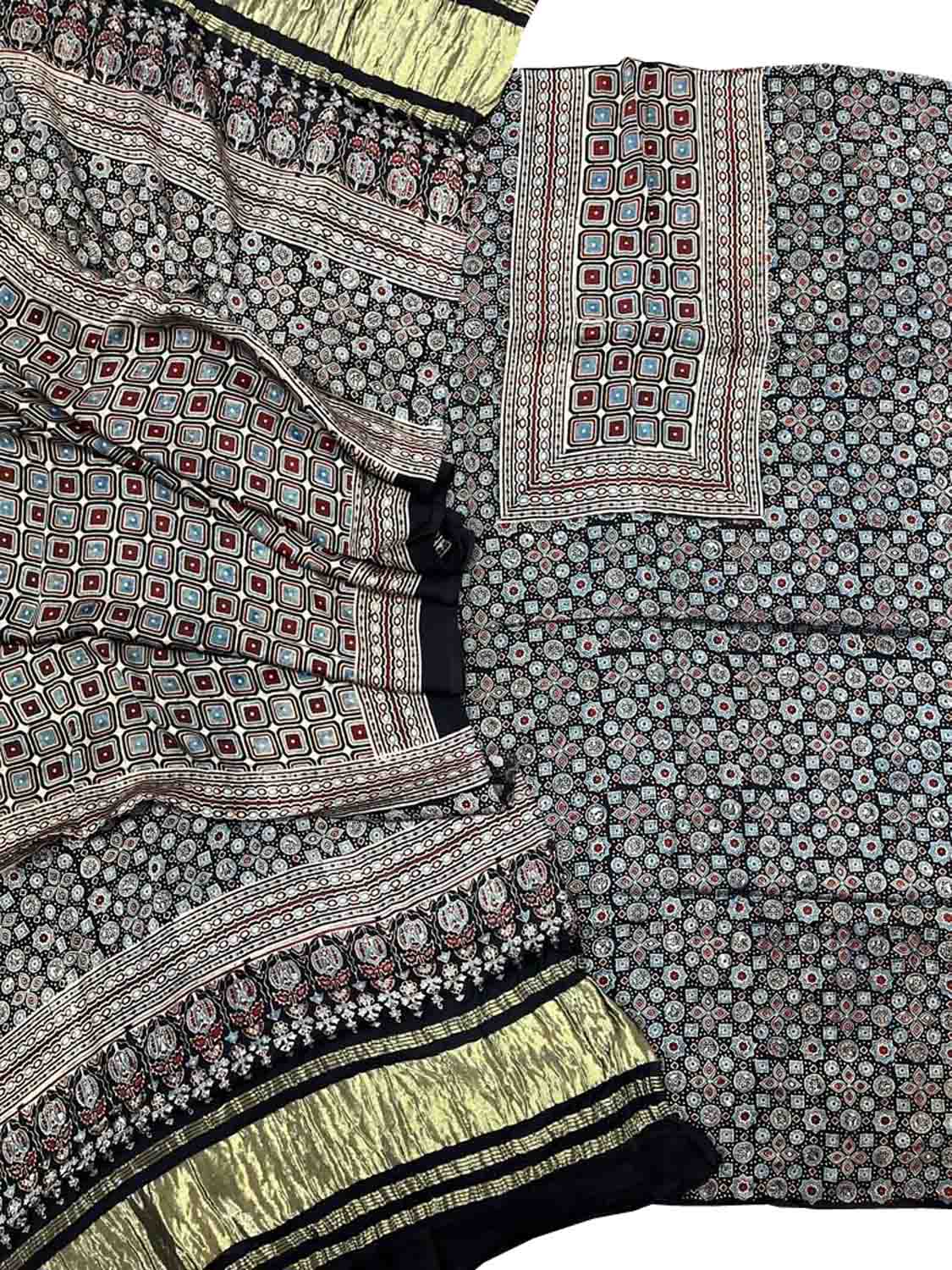 Stylish Black Ajarakh Hand Block Print Gajji Silk Suit Set for Women - Luxurion World
