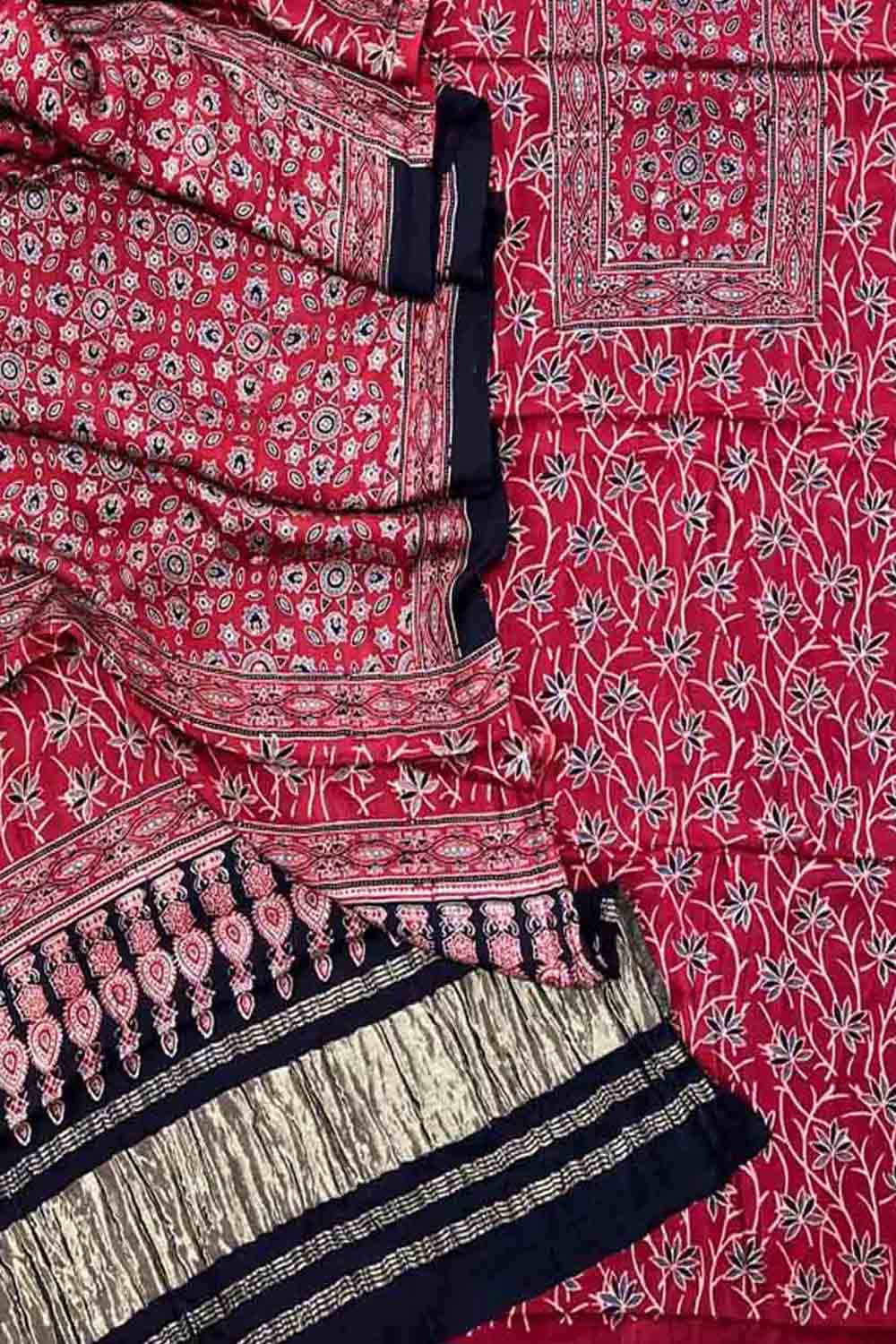 Stunning Red Ajarakh Hand Block Print Gajji Silk Suit Set - Perfect for Any Occasion! - Luxurion World