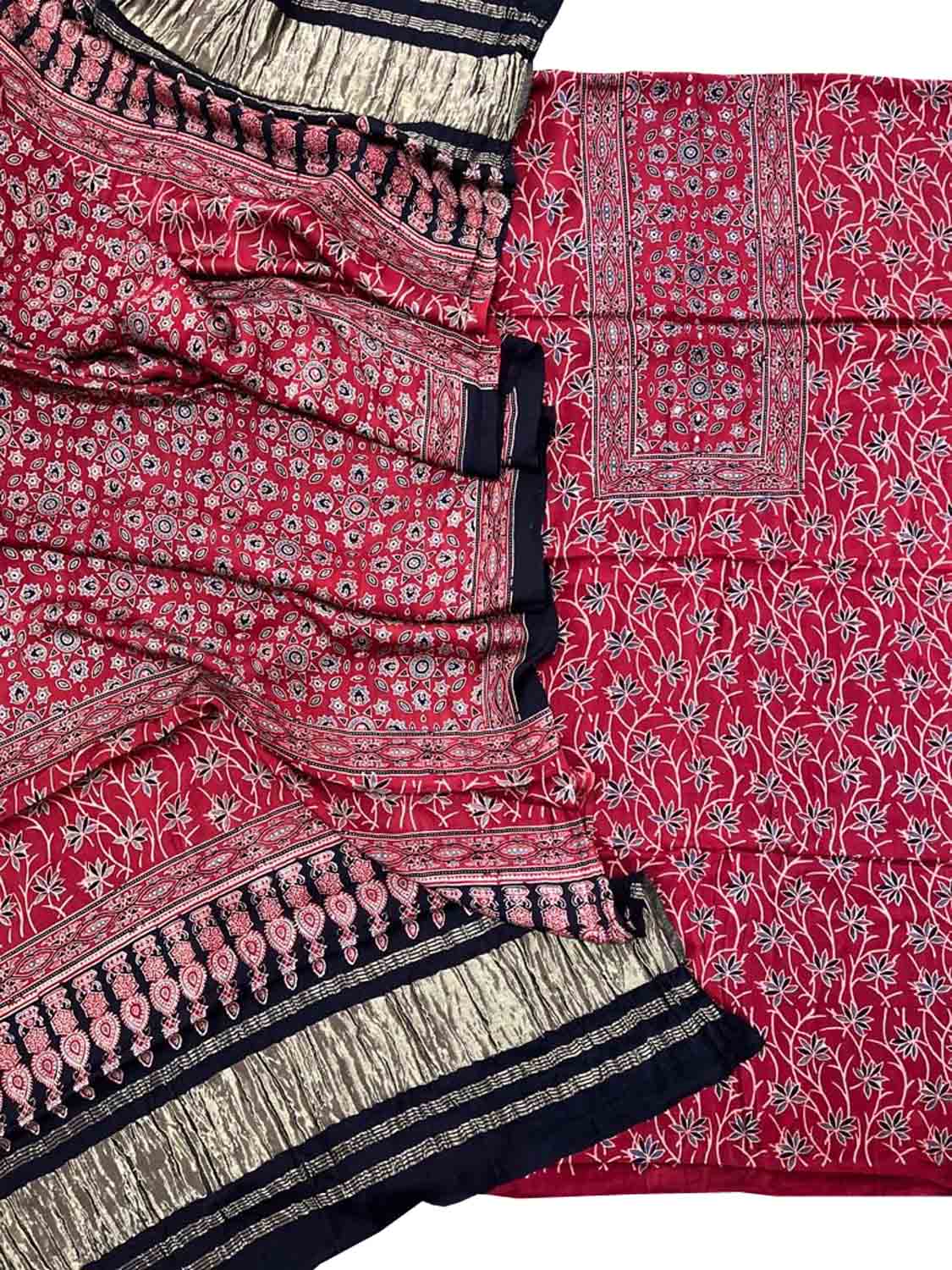 Stunning Red Ajarakh Hand Block Print Gajji Silk Suit Set - Perfect for Any Occasion! - Luxurion World