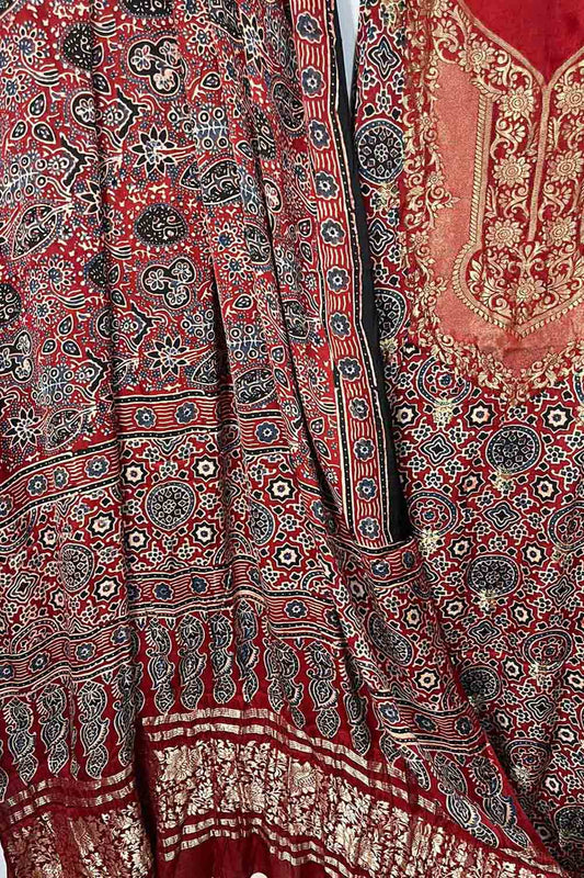 Red Ajrakh Block Printed Pure Modal Silk Unstitched Two Piece Suit Set - Luxurion World