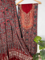 Red Ajrakh Block Printed Pure Modal Silk Unstitched Two Piece Suit Set - Luxurion World