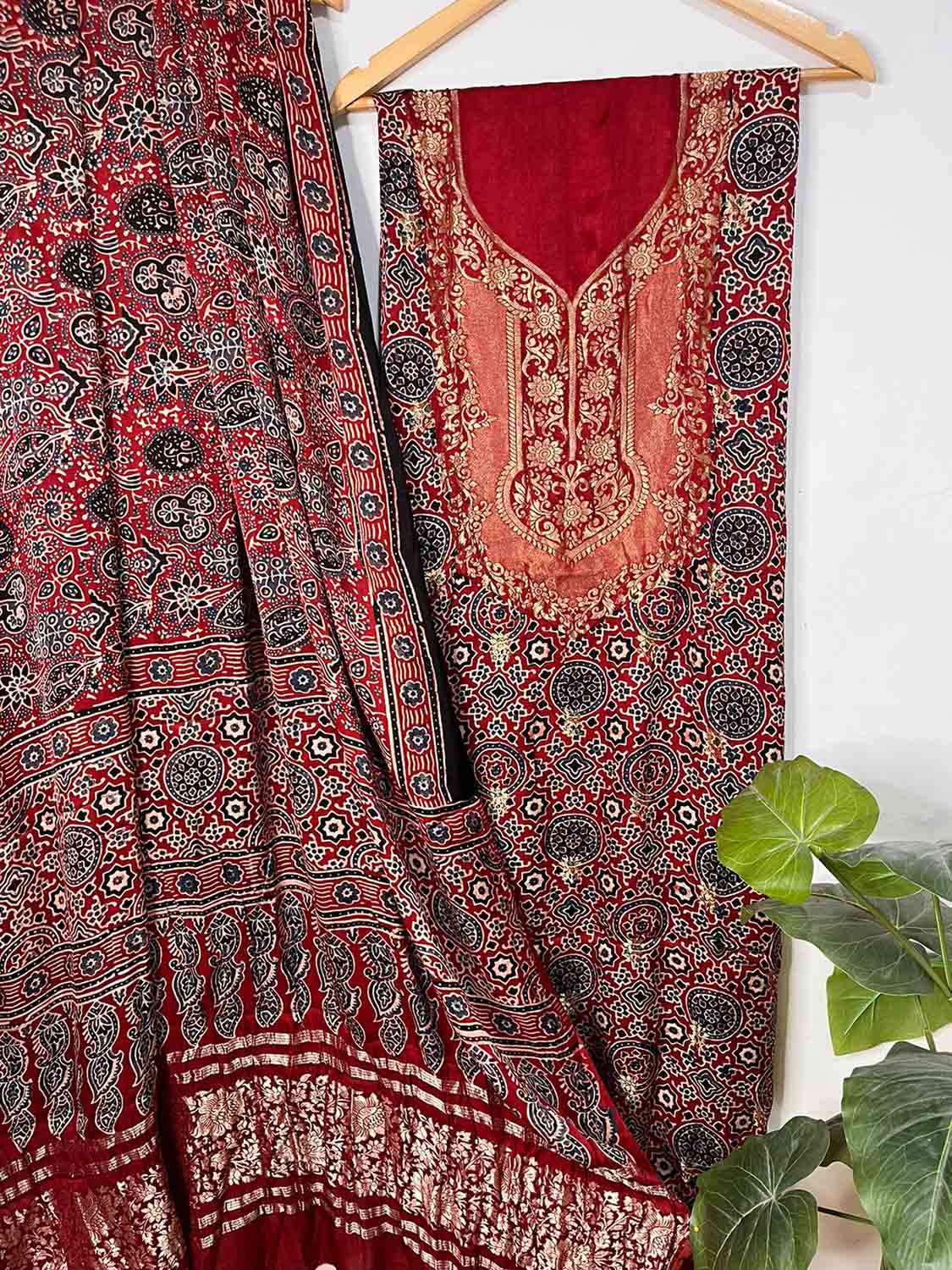 Red Ajrakh Block Printed Pure Modal Silk Unstitched Two Piece Suit Set - Luxurion World
