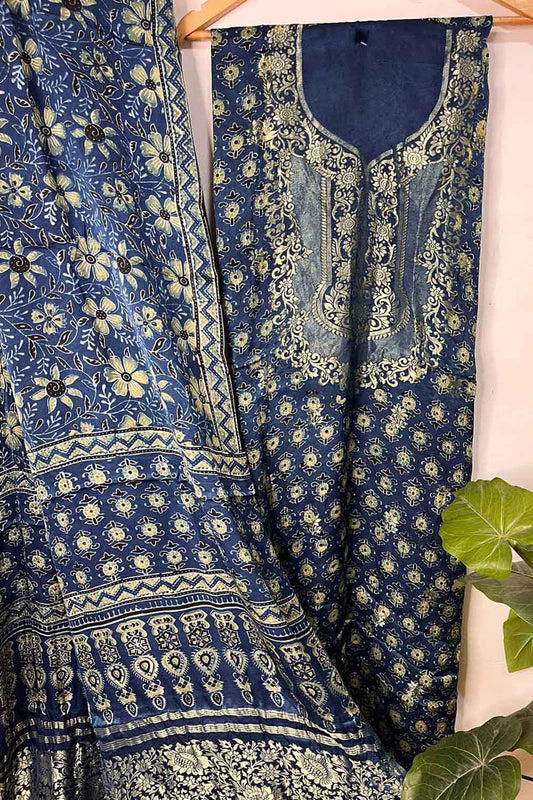 Stunning Blue Ajrakh Block Printed Pure Modal Silk Unstitched Two Piece Suit Set - Luxurion World