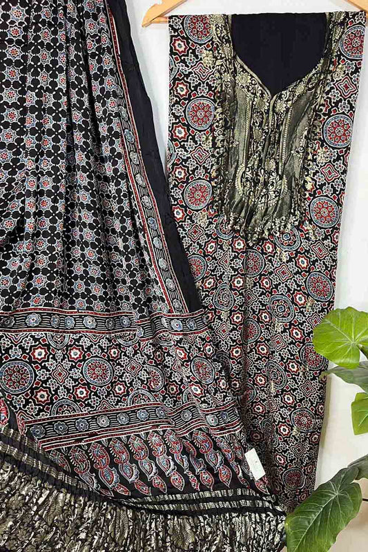 Elegant Black Ajrakh Block Printed Pure Modal Silk Unstitched Two Piece Suit Set