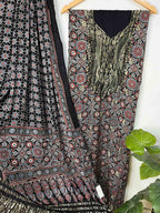 Elegant Black Ajrakh Block Printed Pure Modal Silk Unstitched Two Piece Suit Set - Luxurion World