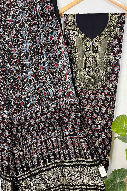 Elegant Black Ajrakh Block Printed Pure Modal Silk Unstitched Two Piece Suit Set - Luxurion World