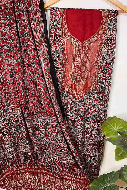 Red Ajrakh Block Printed Pure Modal Silk Unstitched Two Piece Suit Set