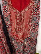Red Ajrakh Block Printed Pure Modal Silk Unstitched Two Piece Suit Set - Luxurion World