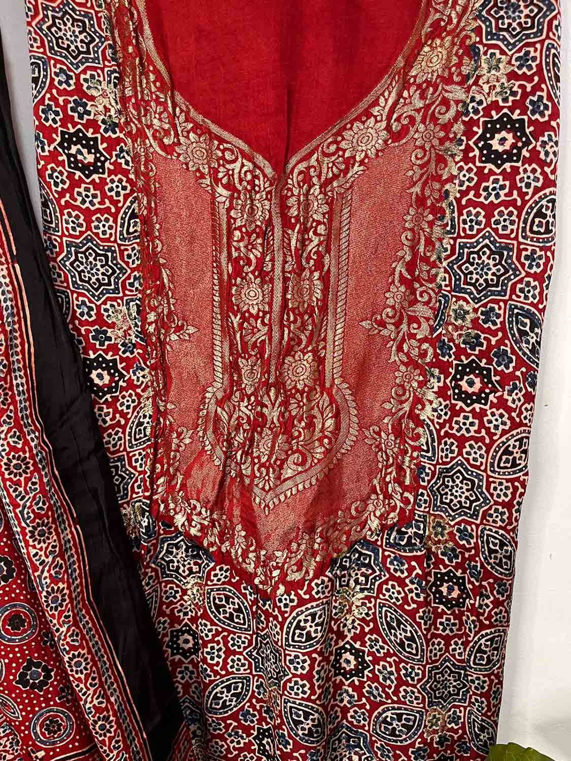 Red Ajrakh Block Printed Pure Modal Silk Unstitched Two Piece Suit Set - Luxurion World