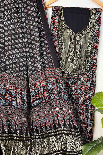 Black Ajrakh Block Printed Pure Modal Silk Unstitched Two Piece Suit Set - Luxurion World