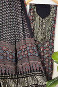 Black Ajrakh Block Printed Pure Modal Silk Unstitched Two Piece Suit Set - Luxurion World