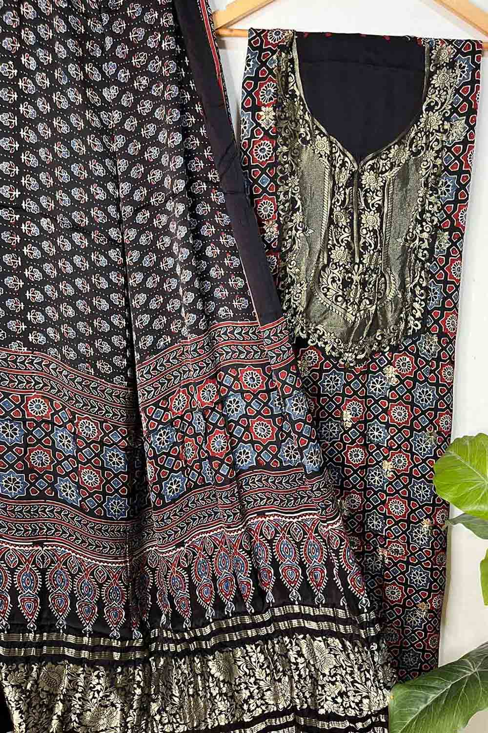 Black Ajrakh Block Printed Pure Modal Silk Unstitched Two Piece Suit Set - Luxurion World