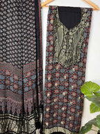 Black Ajrakh Block Printed Pure Modal Silk Unstitched Two Piece Suit Set - Luxurion World