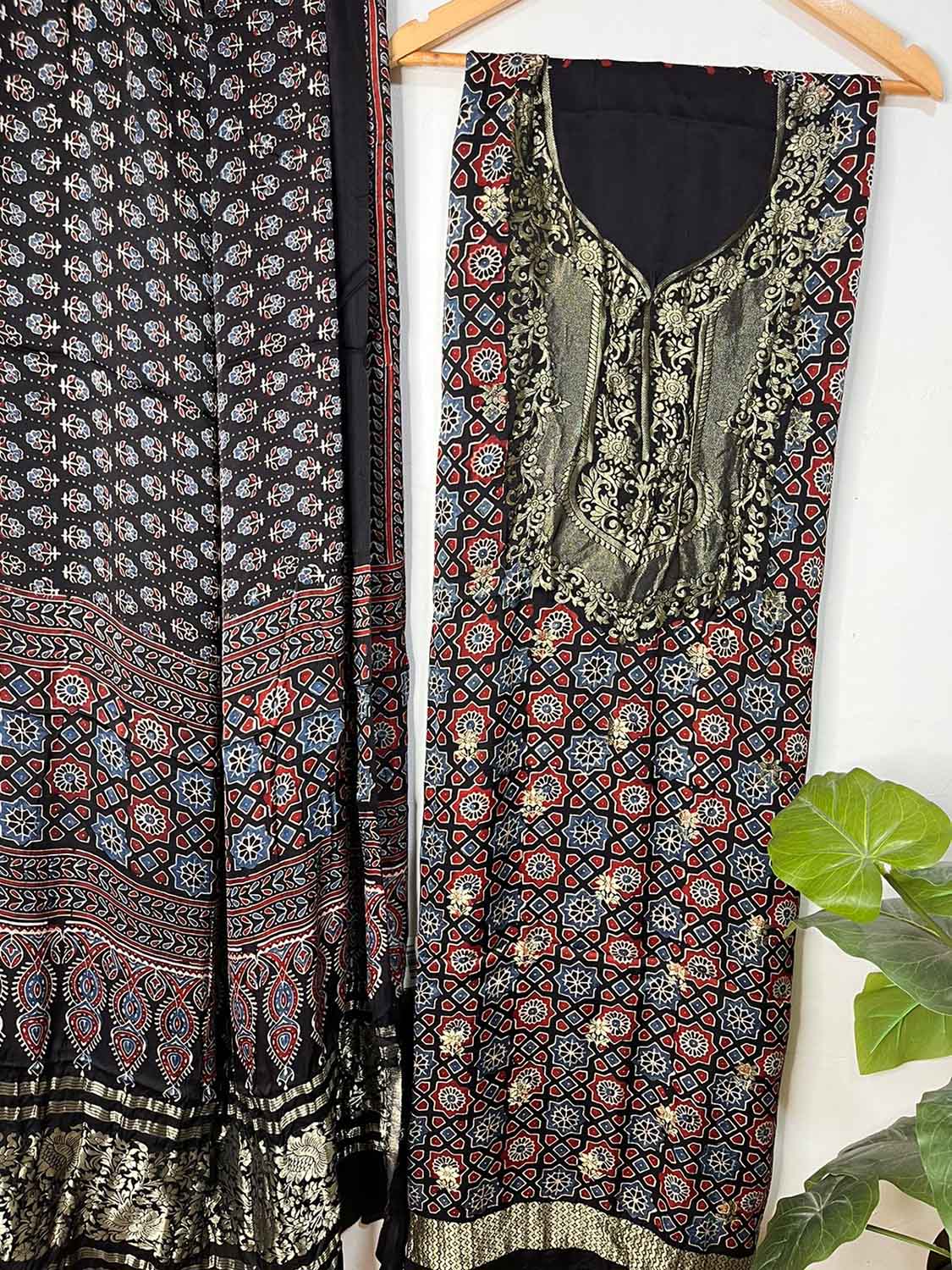 Black Ajrakh Block Printed Pure Modal Silk Unstitched Two Piece Suit Set - Luxurion World