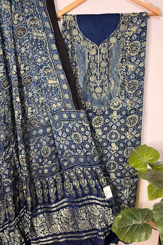 Blue Ajrakh Block Printed Pure Modal Silk Unstitched Two Piece Suit Set