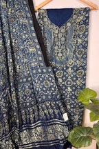 Blue Ajrakh Block Printed Pure Modal Silk Unstitched Two Piece Suit Set - Luxurion World