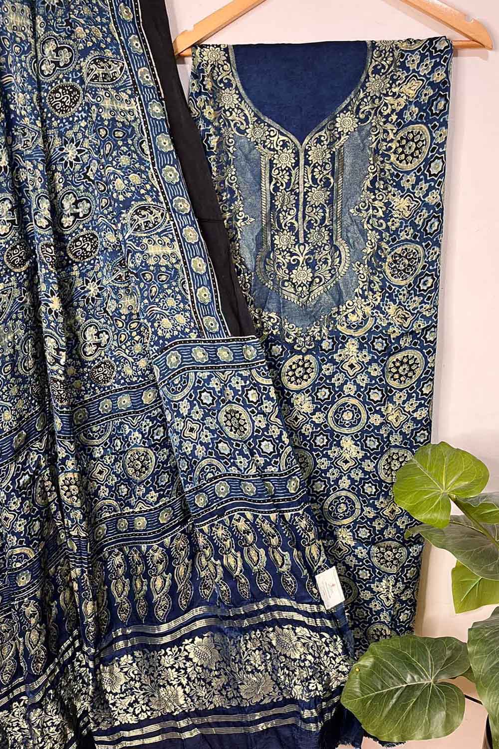 Blue Ajrakh Block Printed Pure Modal Silk Unstitched Two Piece Suit Set - Luxurion World