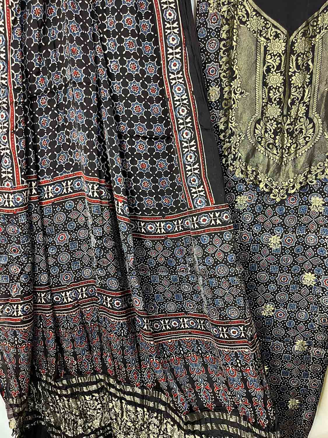 Black Ajrakh Block Printed Pure Modal Silk Unstitched Two Piece Suit Set - Luxurion World