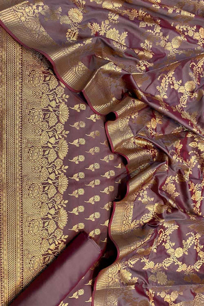 Purple Banarasi Silk Three Piece Unstitched Suit - Luxurion World