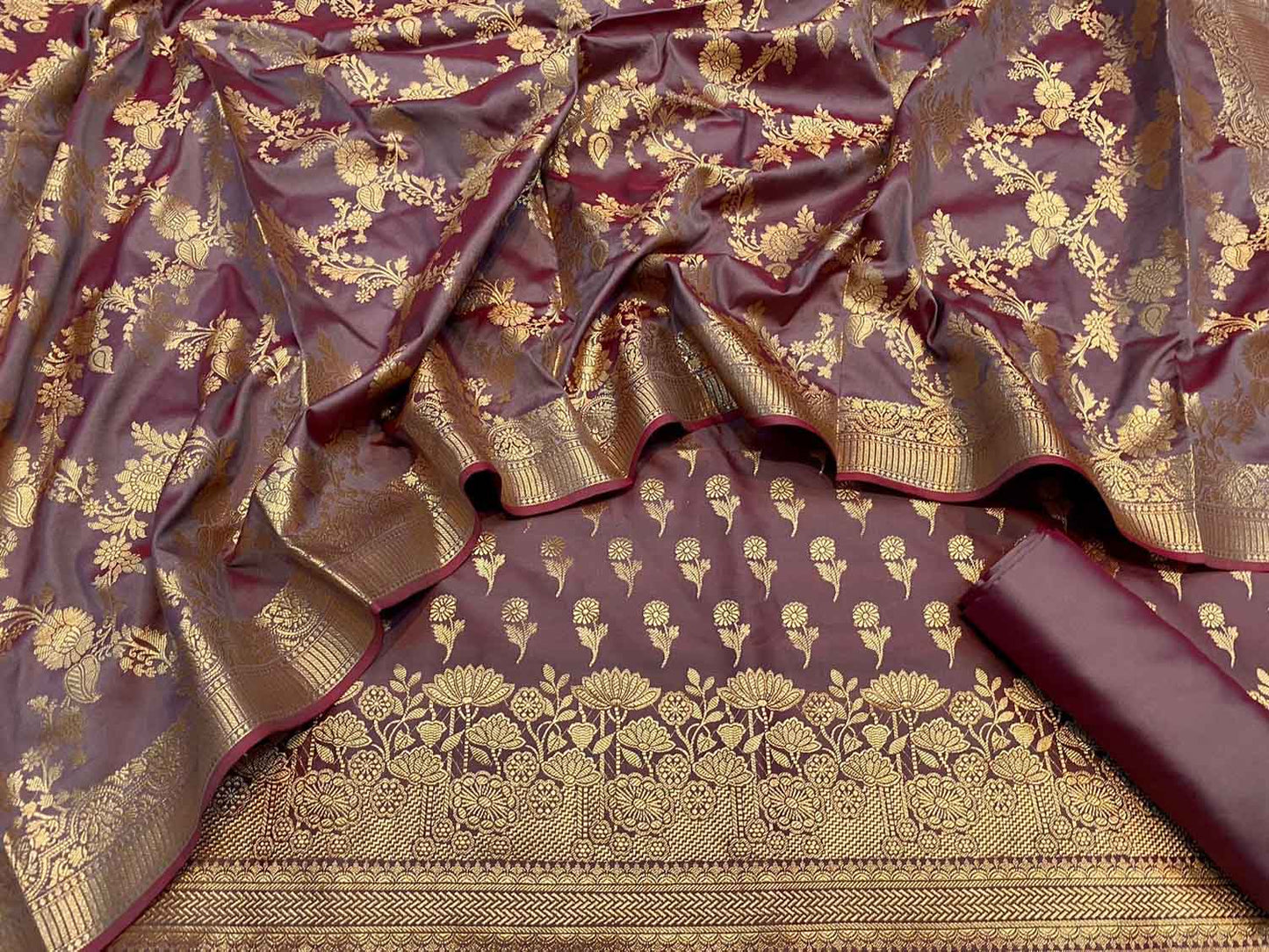 Purple Banarasi Silk Three Piece Unstitched Suit - Luxurion World