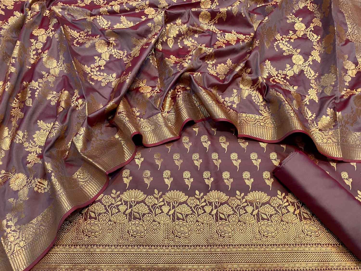 Purple Banarasi Silk Three Piece Unstitched Suit