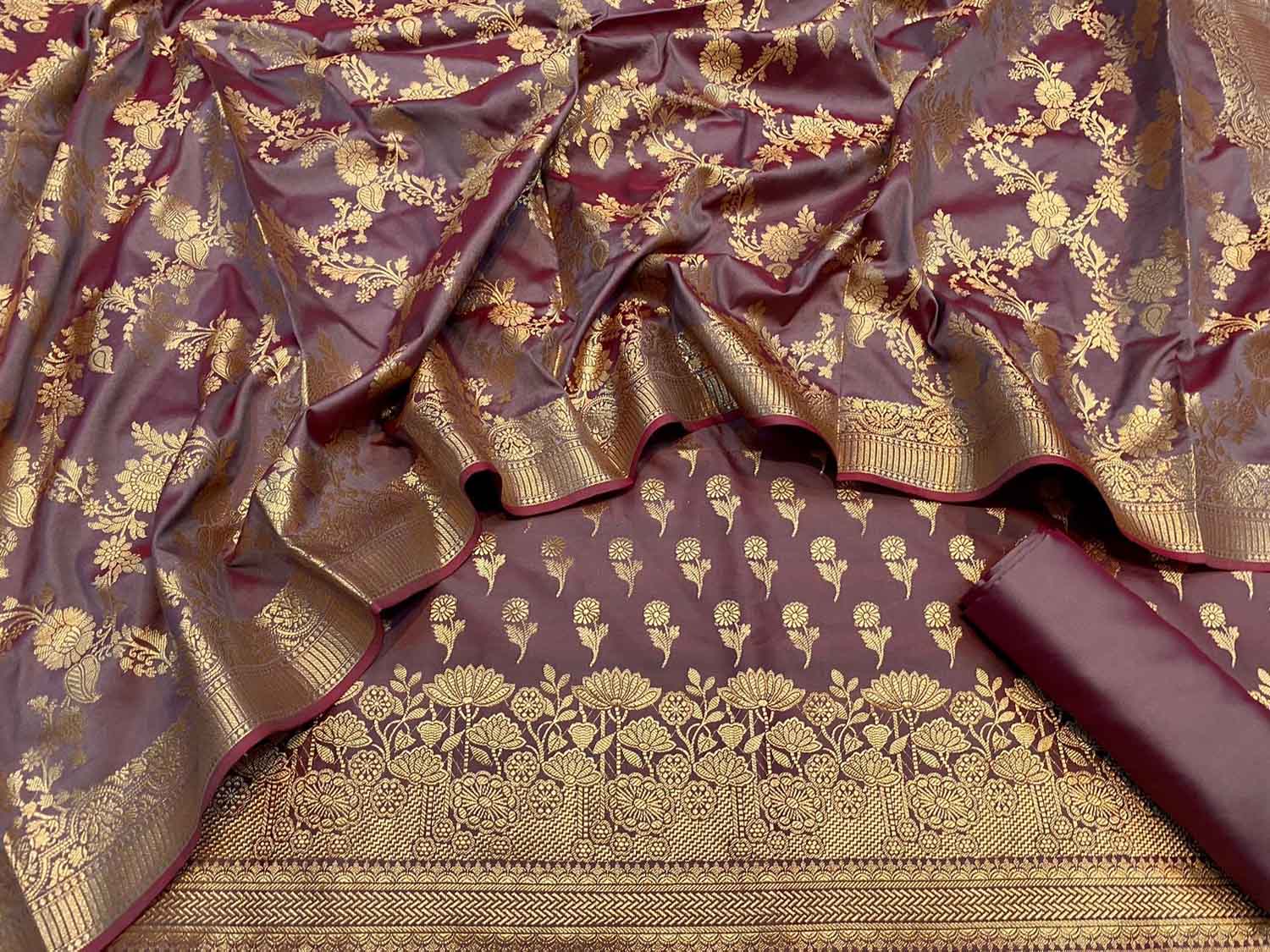 Purple Banarasi Silk Three Piece Unstitched Suit - Luxurion World