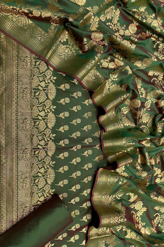 Green Banarasi Silk Three Piece Unstitched Suit - Luxurion World