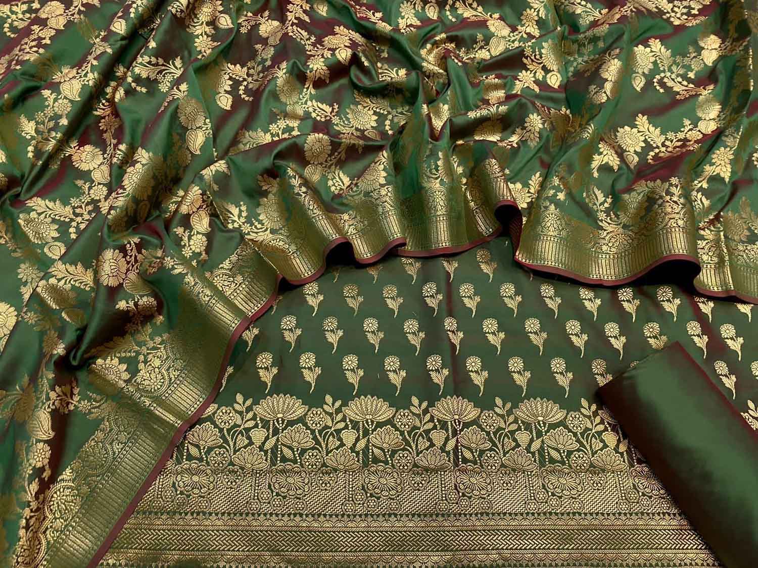 Green Banarasi Silk Three Piece Unstitched Suit - Luxurion World