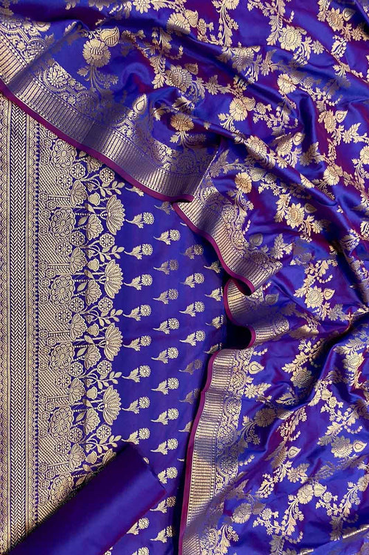 Blue Banarasi Silk Three Piece Unstitched Suit - Luxurion World