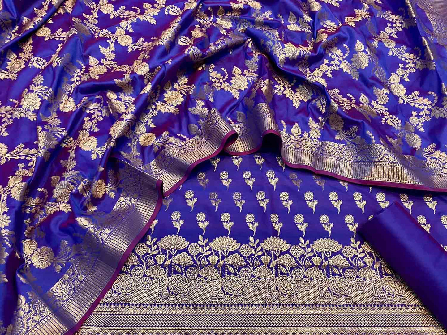 Blue Banarasi Silk Three Piece Unstitched Suit - Luxurion World