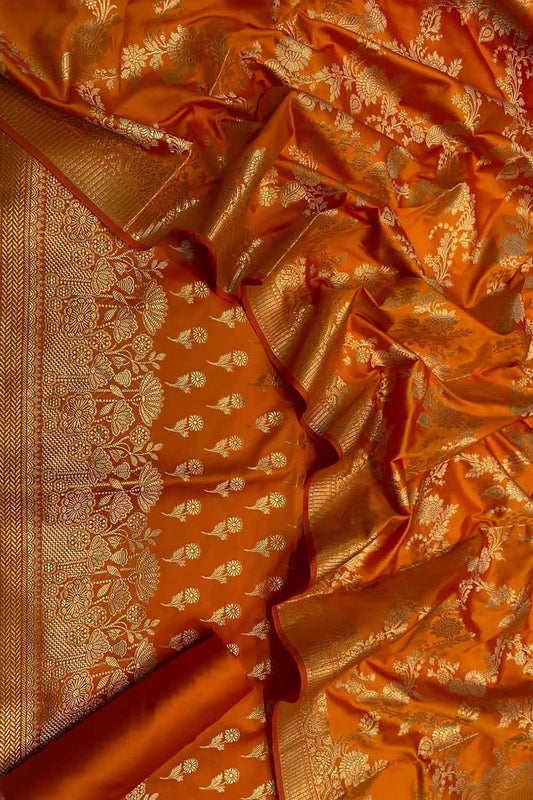 Orange Banarasi Silk Three Piece Unstitched Suit