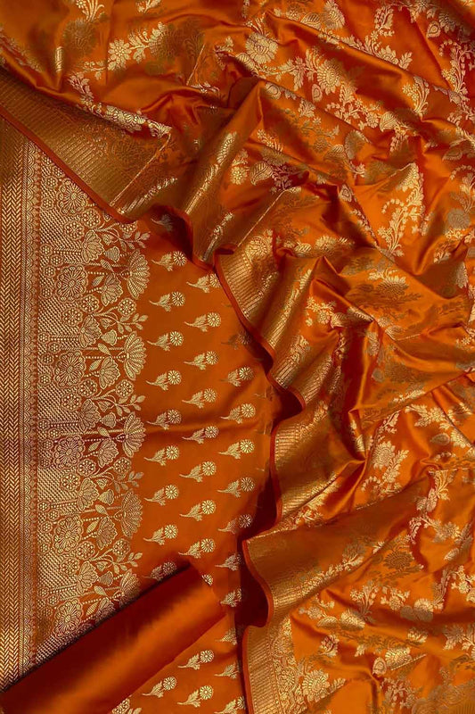 Orange Banarasi Silk Three Piece Unstitched Suit - Luxurion World