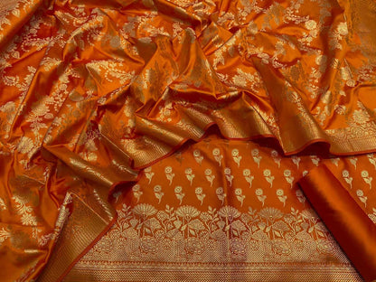 Orange Banarasi Silk Three Piece Unstitched Suit - Luxurion World