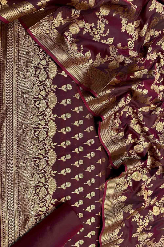 Maroon Banarasi Silk Three Piece Unstitched Suit - Luxurion World