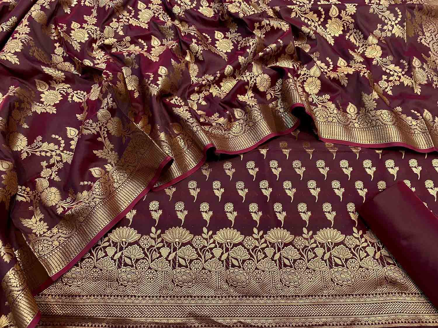 Maroon Banarasi Silk Three Piece Unstitched Suit - Luxurion World