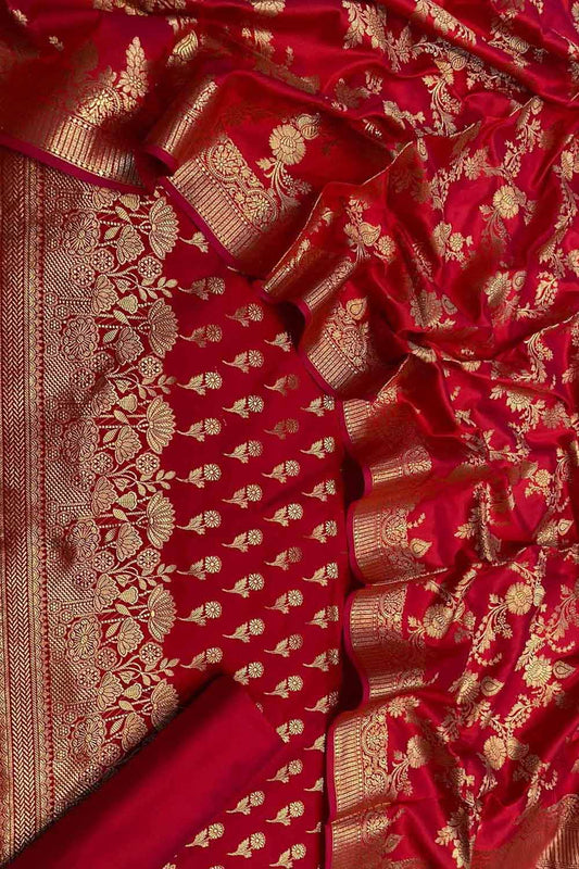Red Banarasi Silk Three Piece Unstitched Suit - Luxurion World