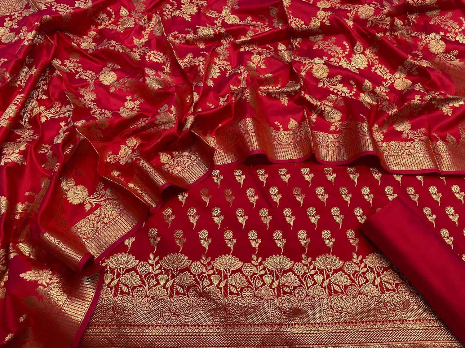 Red Banarasi Silk Three Piece Unstitched Suit - Luxurion World