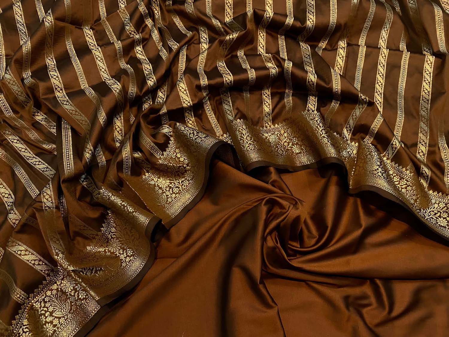 Brown Banarasi Silk Unstitched Three Piece Suit Set - Luxurion World