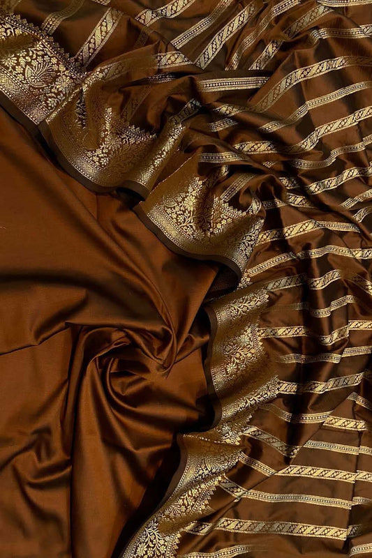 Brown Banarasi Silk Unstitched Three Piece Suit Set