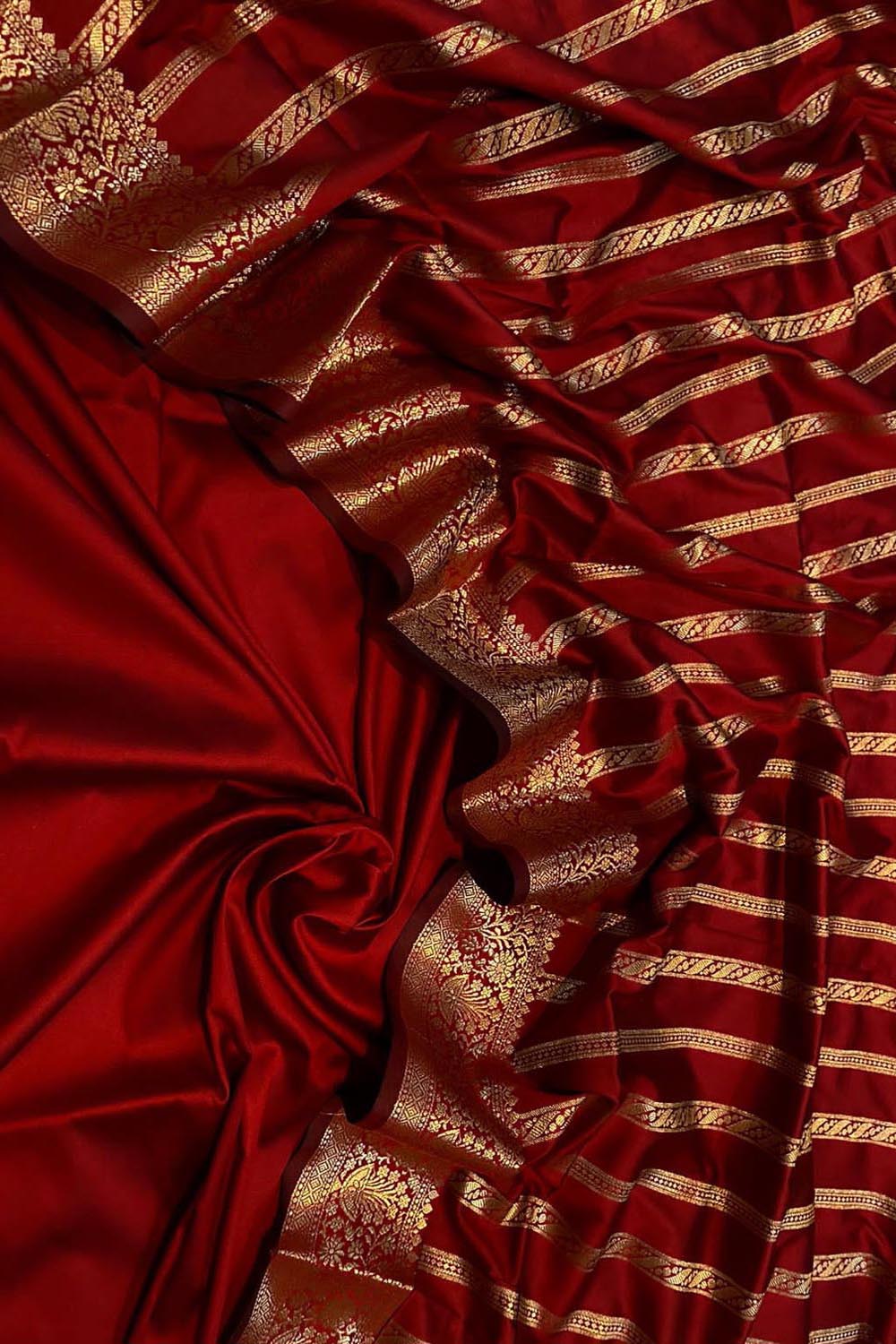 Red Banarasi Silk Unstitched Three Piece Suit Set - Luxurion World