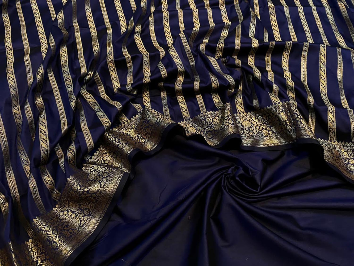 Blue Banarasi Silk Unstitched Three Piece Suit Set - Luxurion World
